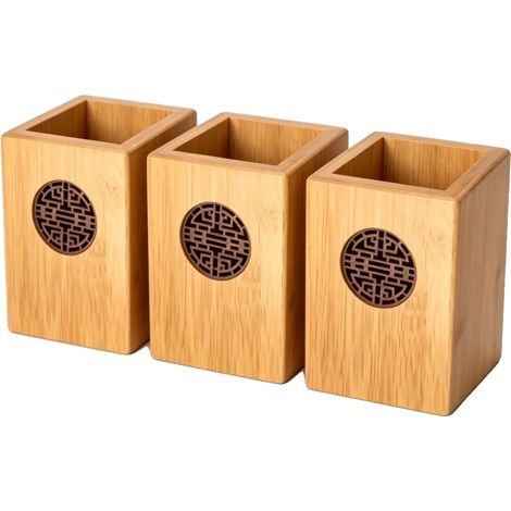 Portalápices, madera maciza, organizador de escritorio multifuncional, 3 piezas (1/2)