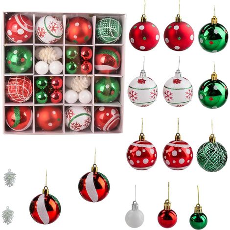 Set de 42 Décorations de Noël, Boules de Noël en Plastique Rouge/Vert/Blanc (6cm & 3cm), Ornements pour Sapin de Noël, Décoration Intérieure et Extérieure (1/5)