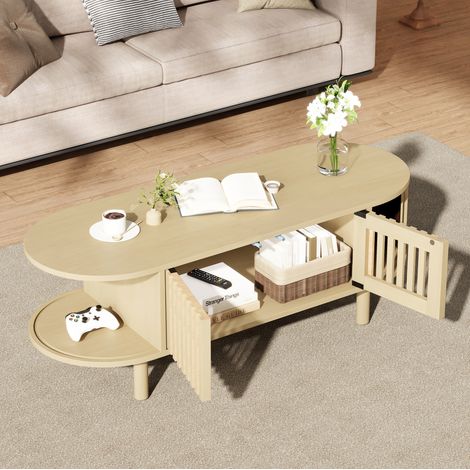 Ovaltisch 100×40×38 cm aus MDF in Natur mit Stauraum für Wohnzimmer – MEUBLIV (1/5)