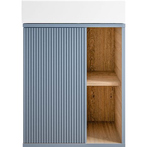 BERNSTEIN - Meuble vasque Bleu azur mat de salle de bain 55x24x59cm (LxPxH) 1 porte à gauche + 2 cases rangement - BELDIVO (1/5)