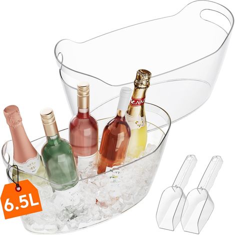 Lot de 2 Seau a Glacon Portable 6.5L, Seau a Champagne avec Cuillère, Plastique Rafraichisseur de Bouteille de Vin pour Cocktail, Boissons, Vin, Bière, (1/5)