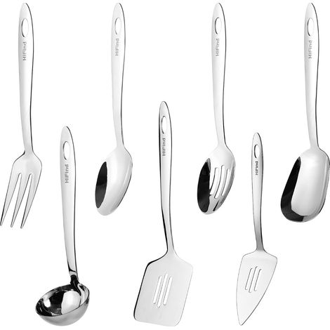 Set d'Ustensiles de Service en Acier Inoxydable, 7 Petits Ustensiles de Cuisine, Louche, Spatule à Fentes, Fourchette à Viande, à Fentes, Pelle à Gâteau, Cuillère Solide, Cuillère Carrée (1/5)