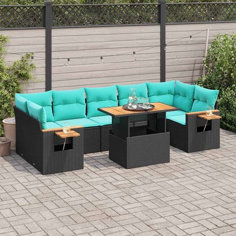 Salon de jardin 8 pcs avec coussins noir résine tressée (1/5)