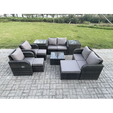 Fimous Gartenmöbel Set Rattan Lounge Sofa Stuhl im Freien mit gehärtetem Glastisch 3 Fußhocker 2 Beistelltische Dunkelgrau Gemischt (1/5)