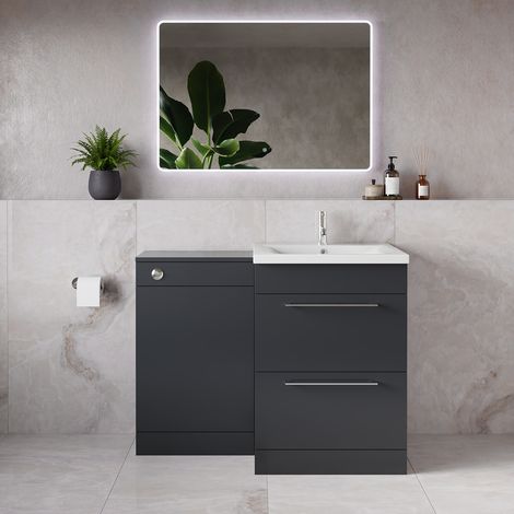 Napoli 460 Gloss Grey 1100mm 2 Drawer Vanity Unit Toilet Suite with Glide Basin - 1100mm - Chrome 320mm HandleWithout Kingston Toilet Pan