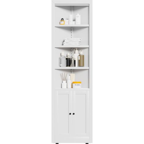 Armario esquinero blanco de 180,34 cm de altura con 2 puertas, 5 estantes y estantes ajustables. Armario metálico independiente que ahorra espacio, ideal para despensa, sala de estar, baño y lavadero. (1/5)