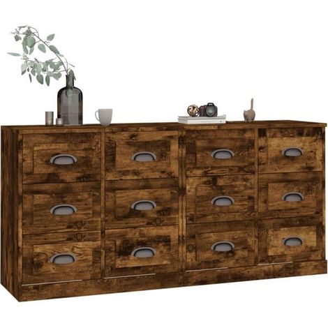 Lot de 2 Buffets Bas en Bois d'Ingénierie Couleur Chêne Fumé – Meuble de Rangement Cuisine et Salon (1/5)