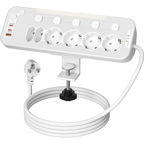 Multiprise Electrique de Table,Multiprise de Bureau 6 Prises,2M Câble,Blanc Multiprise avec Interrupteur Individuel,6 Prises Multiprise Parafoudre (1/5)