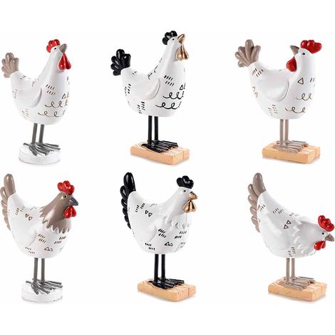 Set di sei galline decorative da appoggiare in resina colorata, con corpo bianco e dettagli neri stilizzati, set da 12 pezzi, cm 7 x 3,5 x 10 H