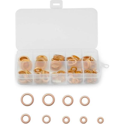 200 Pièces Cuivre Rondelles Metal, Rondelles plates en cuivre Bague d'étanchéité, Joints plats en laiton avec boîte de tri, convient aux fixations à vis (M5/M6/M8/M10/M12/M14)