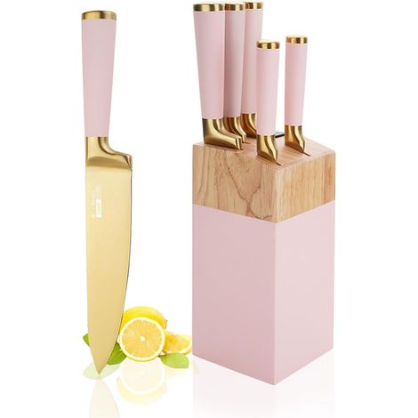 Ensemble de Couteaux de Cuisine, 6 Couteaux En Acier Inoxydable Rose Avec Bloc, Bloc de Couteaux Ultra Tranchant Avec Manche Confortable, Couteau de Chef Pour La Cuisine Maison (1/5)