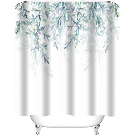 1 rideau de douche, motif feuilles aquarelle, 183 cm x 183 cm, polyester imperméable, avec 12 crochets ABS (1/5)