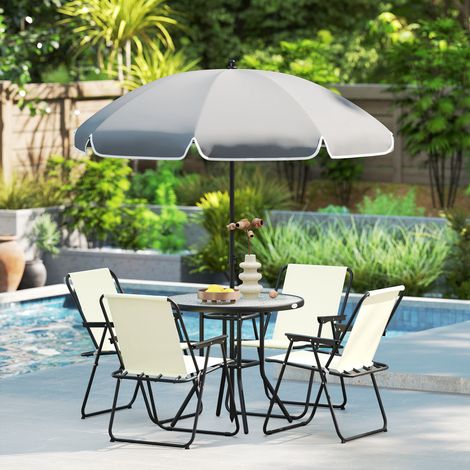 Conjunto de Muebles de Jardín de 6 Piezas con Mesa Redonda Sillas Plegables y Sombrilla para Patio y Terraza Crema (1/5)