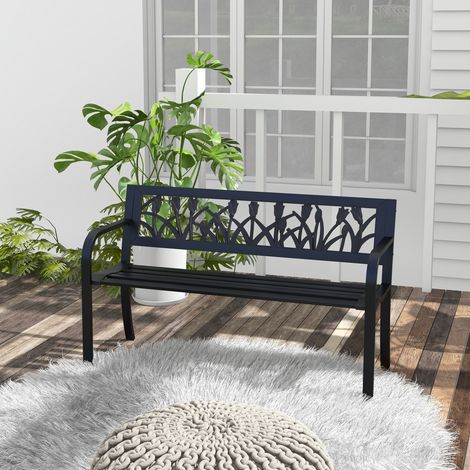 2-Sitzer-Gartenbank aus Stahl mit verzierter Rückenlehne und Armlehnen, 125 x 50 x 75 cm, Schwarz (1/5)