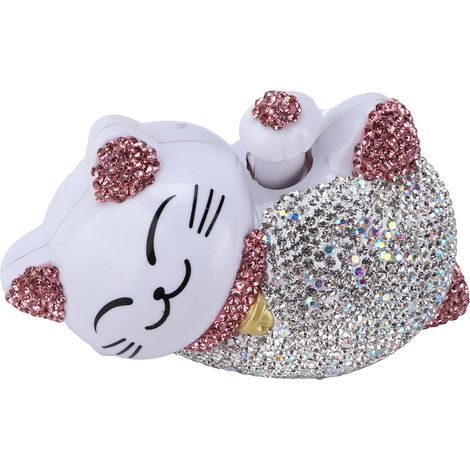 Chat porte-bonheur strass rose pour décoration intérieure voiture, ornement tableau de bord console centrale universel, figurine chat qui porte chance. (1/5)