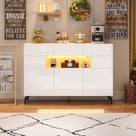 Buffet de salon 140x30x94cm avec 3 tiroirs et 5 placards,commode haute brillance bande LED,meuble avec 5 pieds métalliques MDF blanc. (1/5)