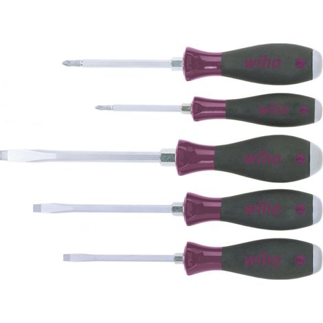 Wiha Schraubendreher Set MicroFinish® (29138), 5 tlg., Schraubenzieher Satz, Schraubwerkzeug mit Stahlkappe, für feuchte und ölige Arbeitsumgebungen, für Handwerk und für Industrie, Schlitz/ Phillips (1/3)