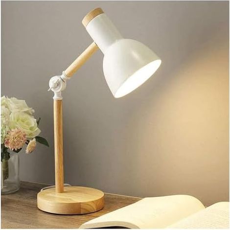 Lampe de table de chevet, lampe de bureau en bois moderne avec abat-jour en métal Lampe de chevet réglable pour bureau, salle d'étude, chambre à coucher, salon, chambre d'enfant, lecture,Blanc [Classe (1/4)