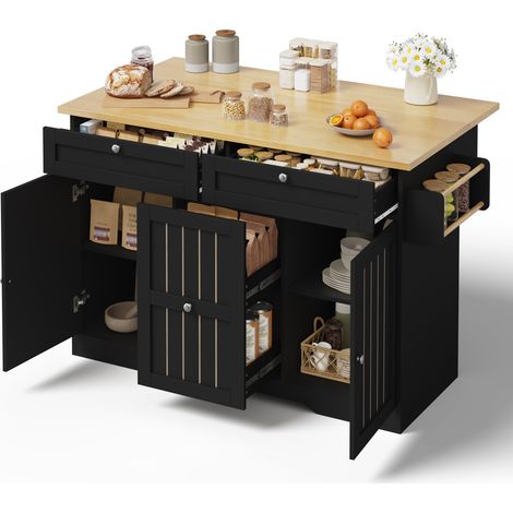 Îlot de cuisine mobile en MDF noir avec plateau rabattable et rangements – 120 × 45 (70) × 92 cm - CHICFURN (1/5)