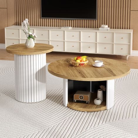 Lot de 2 tables basses rondes avec rangement, design arrondi, en MDF, pour salon et chambre (1/5)