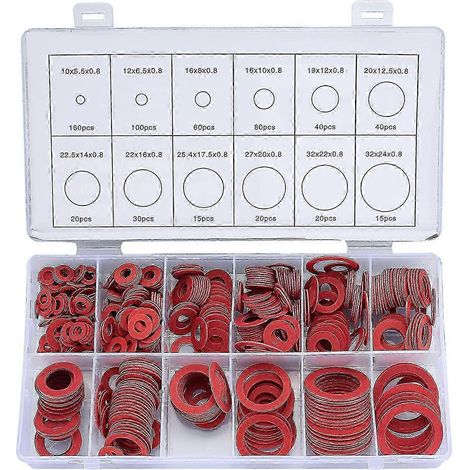 Kit de 600 rondelles en fibre assorties, 12 tailles, rondelles plates en papier et fibre d'acier rouge, kit d'assortiment de joints toriques plats (1/4)