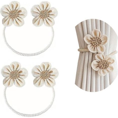 Lot de 2 embrasses à fleurs pour rideaux - 50 cm - Beige - Nœuds de rideau - Attaches en tissu (1/5)