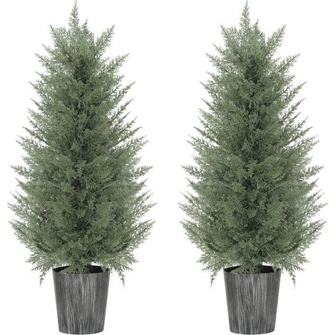 Lot de 2 grands cyprès artificiels, 90 cm, plantes artificielles en plastique dans des pots de 15 x 15 x 90 cm, verts