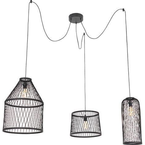 QAZQA Lampada a sospensione tavolo soggiorno calamus - rustico - Malacca,Acciaio - Nero - Tondo Max. 3 x Watt