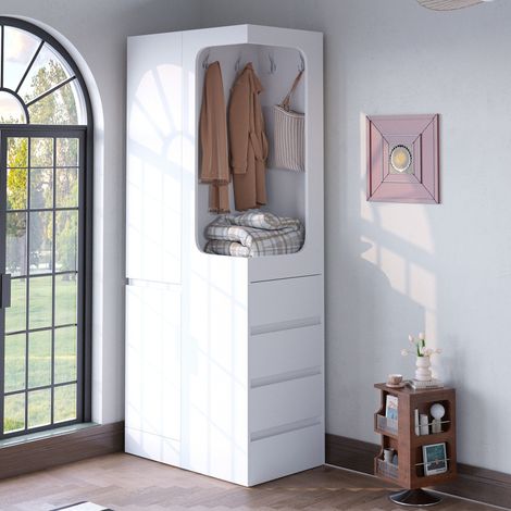 Kleiderschrank 70 x 40 x 170 cm, platzsparender Garderobenschrank mit 4 Schubladen und offener Kleiderstange, Weiß (1/5)