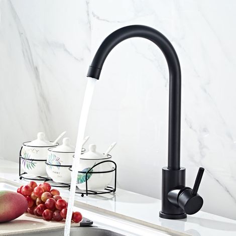 Robinet de lavabo d'eau chaude et froide à trou unique évier salle bains poignée en 304 Acier Inoxydable Noir (1/5)