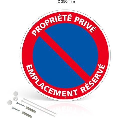 Propriété privée emplacement réservé panneau de signalisation rond en aluminium prépercé avec kit de fixation complet - Diamètre 250 mm