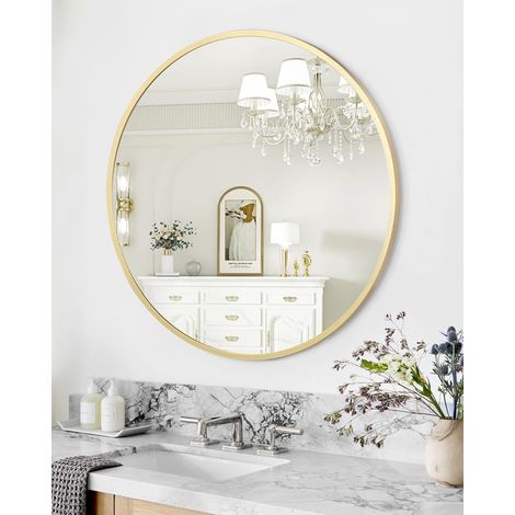 Miroir Rond Mural 50x50cm, Cadre en Métal Doré, Miroir Décoratif pour Salle de Bain, Chambre, Salon, Couloir (1/5)