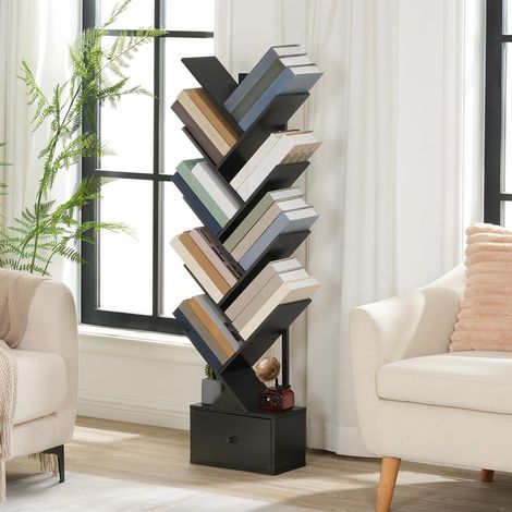 Bücherregal mit Schublade, Standregal mit 9 Ebenen, Baumförmiges Bücherregal, DVD Regal, Bücherturm Freistehend, für Wohnzimmer, Schlafzimmer, Heimbüro, Schwarz EBK18SJ01G1,HOOBRO (1/5)