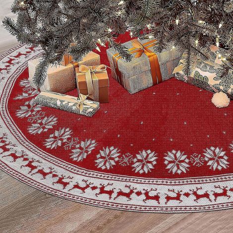 grande Jupe De Sapin De Nol, 90 Cm Tapis De Nol Rustique Avec Flocons De Neige Et Jupe De Renne Tricote Rouge Pour La Dcoration Intrieure Et Extri
