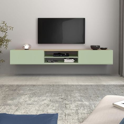 WHOUS Mobile porta tv sospeso Garda con 2 ante e 1 ripiano centrale verde salvia/rovere 210x35x30 cm (1/5)
