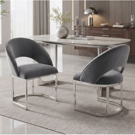 2 sedie da pranzo in velluto grigio e gambe metalliche argentate, 150 kg per sedia HAVRYA (1/5)