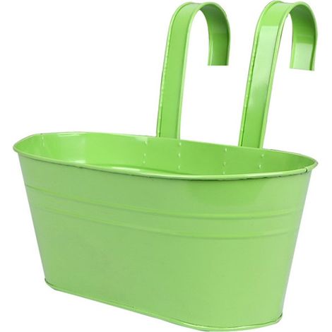 Maceta colgante de metal con doble gancho y orificios de drenaje. Ideal para jardines, casas, vallas y decoración interior y exterior. Color verde. (1/5)