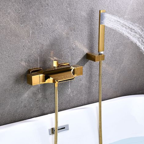 Robinet de baignoire cascade mural pommeau de douche cascade robinet de baignoire chaude et froide (or + douche à main) (1/5)