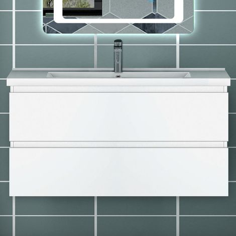 Ocean Sanitaire – Meuble double vasque blanc avec 2 tiroirs – Dimensions 99x46x52cm – MDF anti-déformation – Lavabo à poser pour gain d’espace