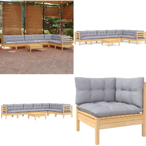 8-tlg. Garten-Lounge-Set mit Grauen Kissen Kiefer Massivholz - Gartenmöbel - Lounge Set - Garten-Sofa - Outdoor Möbel - Rattan Gartenmöbel - Home & Living