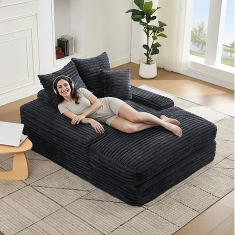 Méridienne 135x165x58 cm grigio in velluto a coste e schiuma con 4 cuscini sfoderabili (1/5)