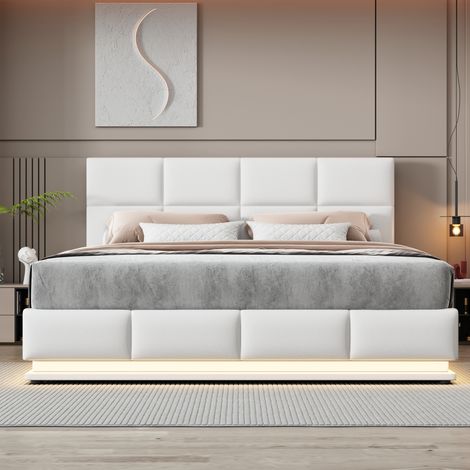 Lit adulte et ado 180x200 cm avec coffre de rangement hydraulique, sommier lattes, tête de lit lumineuse LED et revêtement simili cuir blanc (1/4)