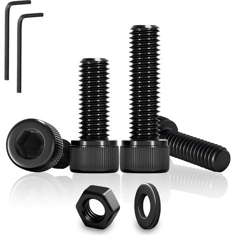 60 Pièces M4x10mm Vis et Écrous, Vis à Tête Cylindrique à Six Pans Creux Boulons et Écrous et Rondelles Acier Carbone, à Tête Hexagonale pour Mécaniques Auto Réparation(Noir) (1/5)