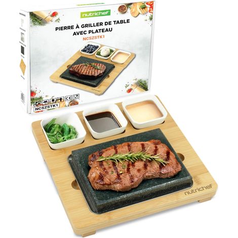 Set de Cuisine - Grill de Table en Granit avec Plateau en Bambou, Bols en Céramique pour Sauce (1/5)
