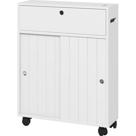 Meuble de salle de bain étroit à roulettes, portes coulissantes, étagères réglables et 2 porte-papier toilette, blanc (1/5)