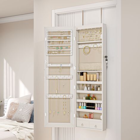 Miroir à bijoux avec lumière LED Armoire à bijoux montée sur le mur ou sur la porte avec serrure Miroir entier blanc (1/5)