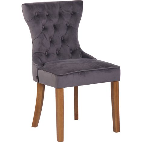 Chaise de salle à manger x 1 style Chesterfield dossier capitonné en velours gris et pieds en bois clair 100003736