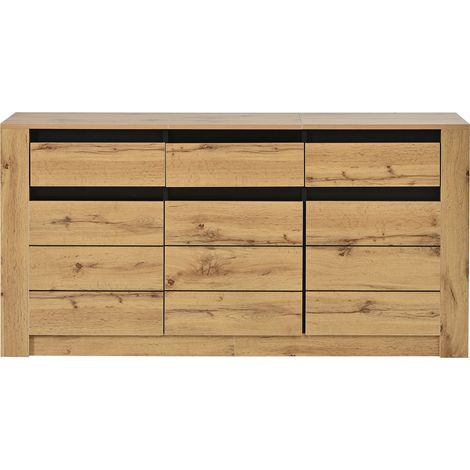 Buffet 135×35×70 cm en panneaux de particules, meuble de rangement naturel avec 3 tiroirs et 6 compartiments (1/5)