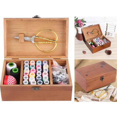 Boîte à couture vintage en bois pour la maison, rangement aiguilles et fils, organisateur d'outils de couture DIY, kit de couture à motifs Taraxacum (1/5)