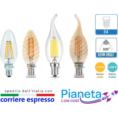 Lampadina e14 led filamento lampada vintage oliva fiamma codino tortiglione globo sfera oliva 4w traparente luce calda (1/2)